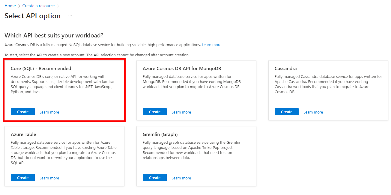 Creating a Cosmos DB - select API